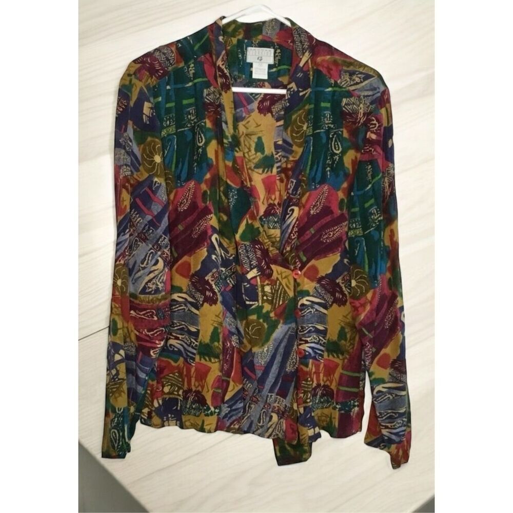 Vintage George Georgiou Women's Silk Shirt Blouse Long Slv Abstract Scroll 14